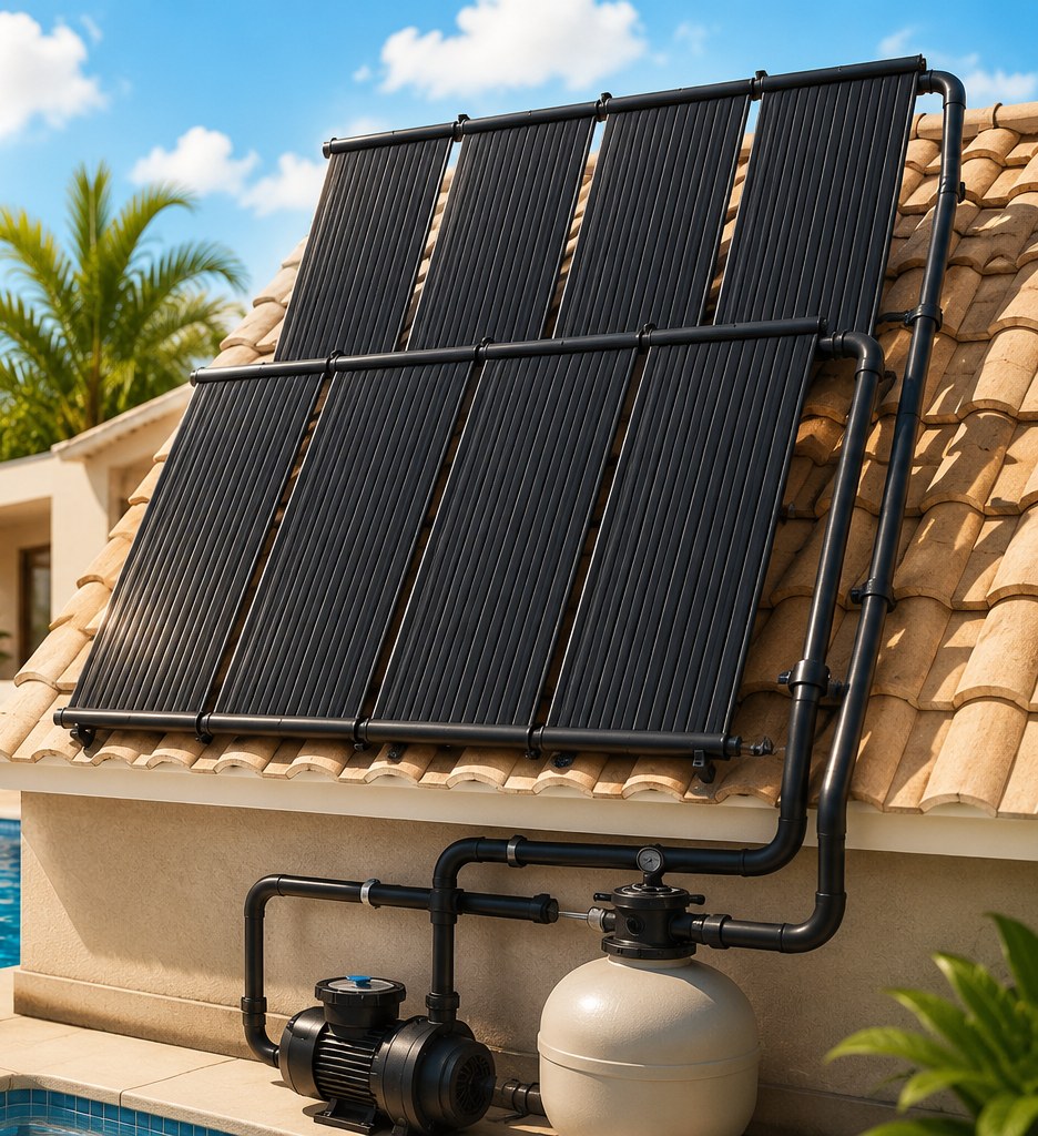 Aquecedor solar para piscina instalado no telhado