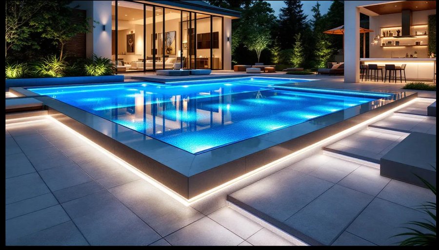 Piscina com iluminação LED noturna